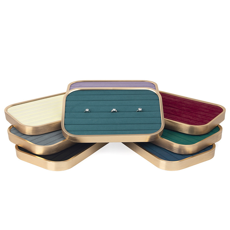 New Beige Gold Edge Metal Microfiber Jewelry Display Trays For Femal Ring Earring Pendent Showcase Jewellery Organizers Holder