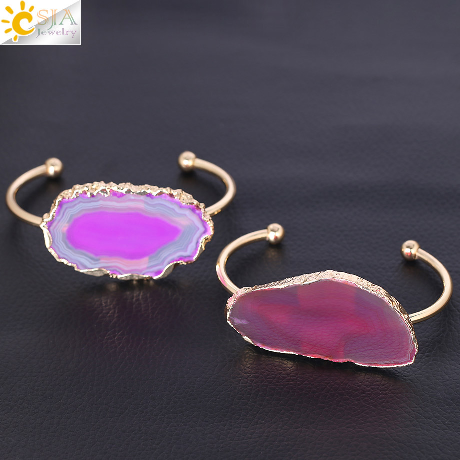 CSJA Natural Stone Hand Jewellery Irregular Nature Agates Slice Half Open Bangles for Women Gold Color Charms Bracelet F346