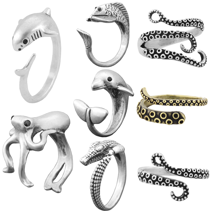 Vintage Punk 3D Shark&Octopus&Dolphin Wrap Ring Boho Brass Knuckle Fish Anel Rings For Women Men Anime Jewelry Gift For Lover