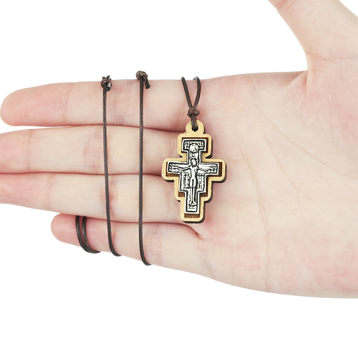 Wood Inlay Metal Saint St Francis of Assisi Crucifix Necklace Blessed San Damiano Tau Cross Pendant Necklace Orthodox Jewelry