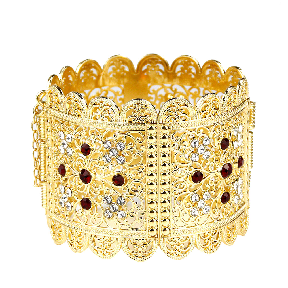 Sunspicems Gold Color Algeria Bangle Big Size For Women Crystal Flower Cuff Bracelet Ethnic Morocco Bride Wedding Jewelry