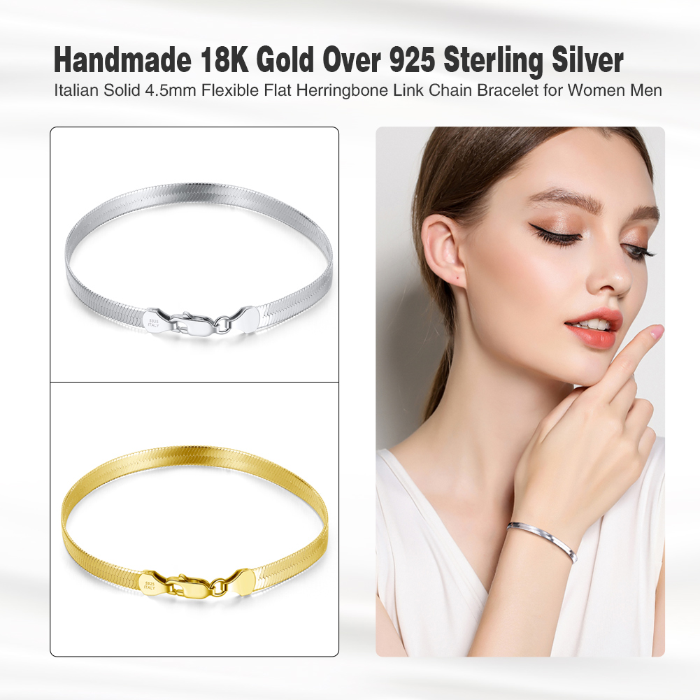 Rinntin 18K Gold Plated 925 Sterling Silver Italian 4.5mm Flexible Flat Herringbone Chain Bracelet for Women Men Jewelry SB107