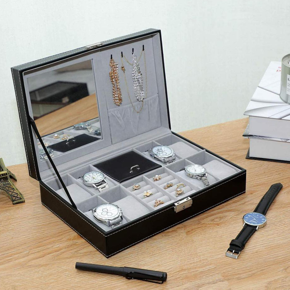 Leather Watch Box Black Men's Watch Storage Boxes Case With Mirror Lock Women Gift Organizer Rings Display Jewelry Box Holder