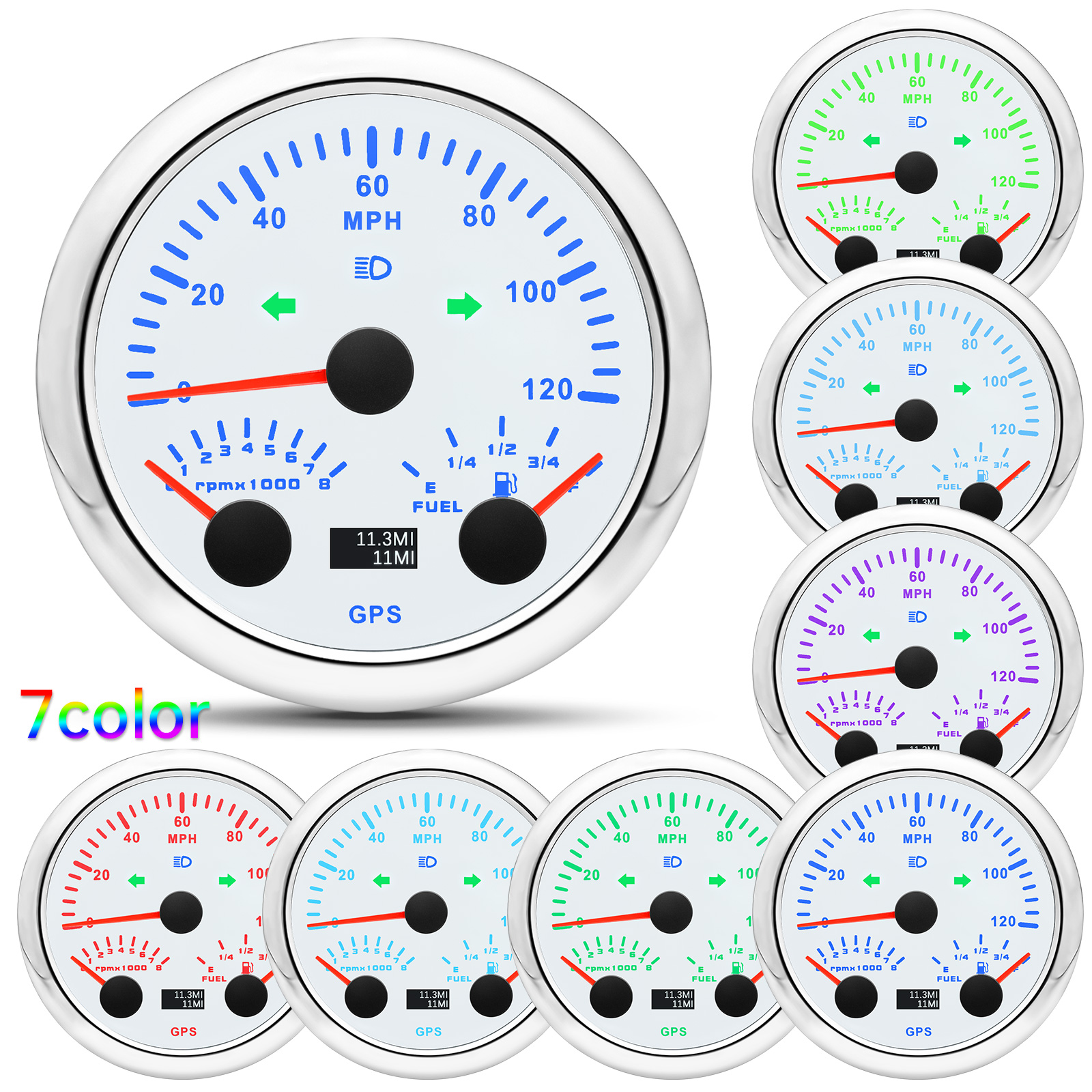 0~120 MPH GPS Speedometer+8000 RPM Tachometer+Fuel Level Gauge 7 Color Light 85mm Gauge with Turn Light for Boat Car 12V 24V