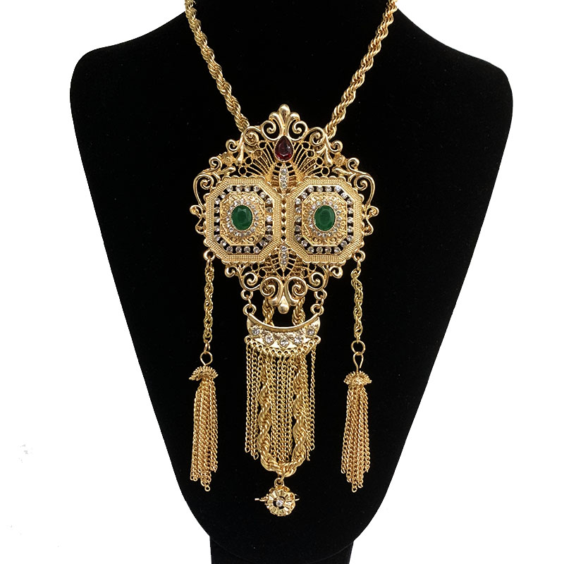 Ethnic Wedding Jewelry Chain with Rhinestone Gold Color Tassels Chain Necklace Algeria Morocco Traditional Bridal Pendants