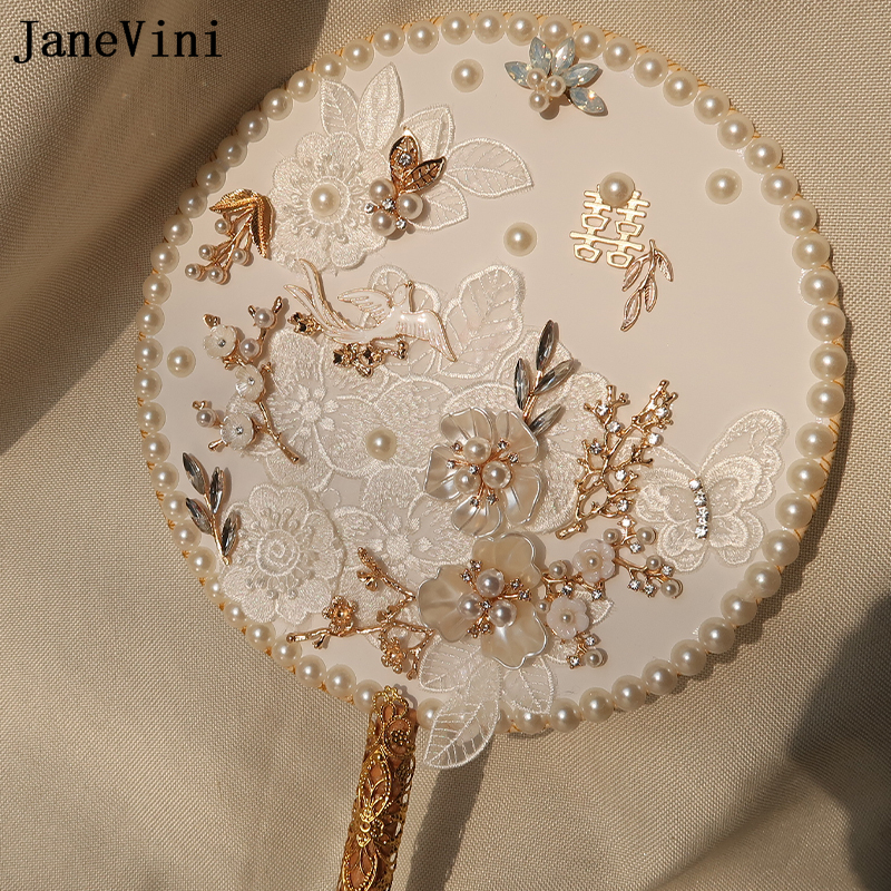 JaneVini Luxury Pearls Chinese Style Bridal Fan Wedding Bouquet Handmade White Lace Flowers Gold Floral Classic Bride Hand Fan