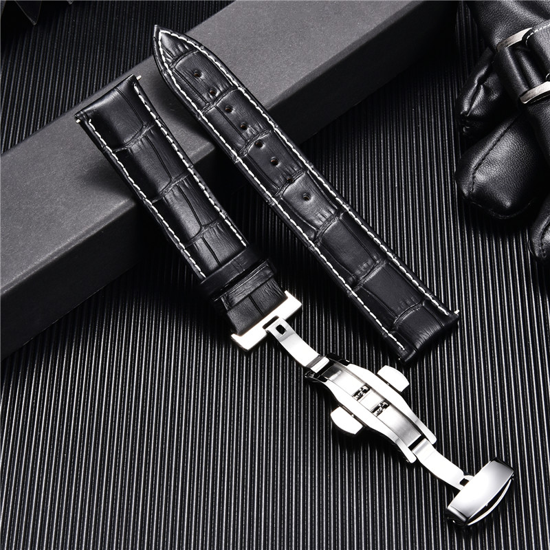 Leather Strap with Automatic Butterfly Clasp for Samsung Galaxy Watch 4 40mm 44mm / 4 Classic 42mm 46mm Active 2 Band Bracelet