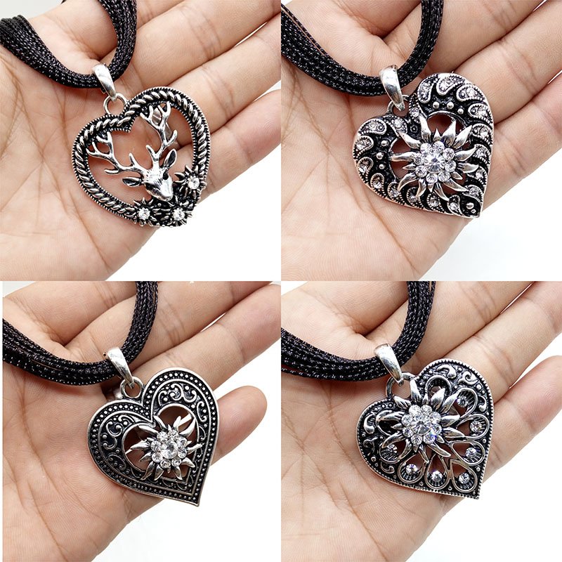 Vintage Carved Edelweiss Flowers Pendant Necklace Traditional Dirndl Costume Black Colour Rope Necklace German Jewelry Wholesale