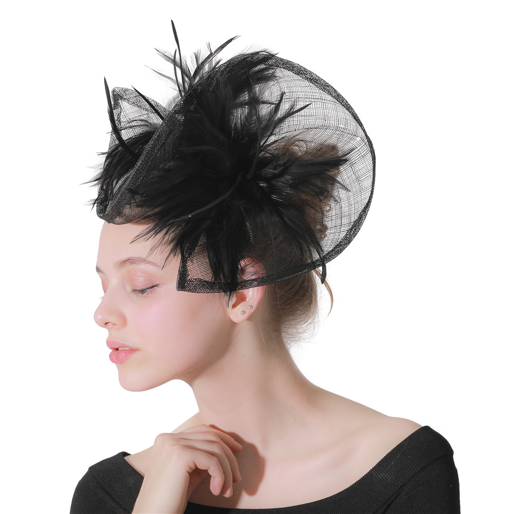 Lady Vintage Black Fascinators Hat Solid Linen Fedora Cap Feather Flower Headwear For Ladies Wedding Hoop Women Hair Accessories