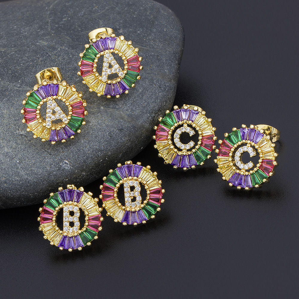 New Arrival Hot Sale 4 Colors Choice 26 Initial Letters Earrings Cute Alphabet Copper CZ A-Z Rainbow Stud Earrings Name Jewelry