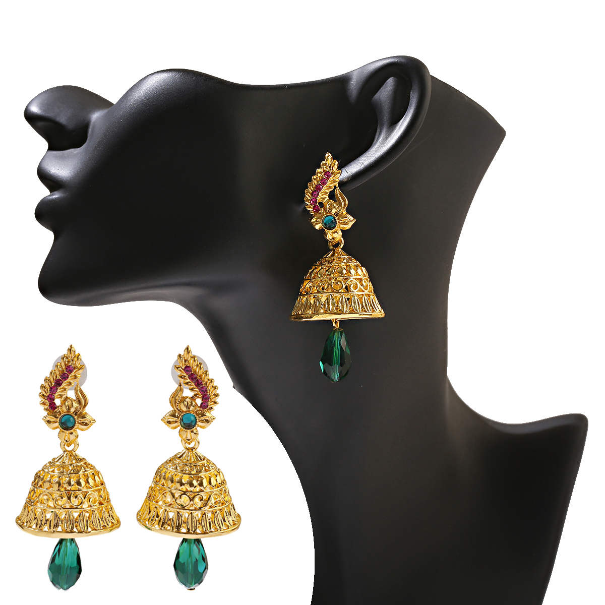 Retro Big Gold Color Bells Alloy Indian Jhumka Earrings Women's Vintage Peacock Pearls Beads Turkey Earrings Bijoux