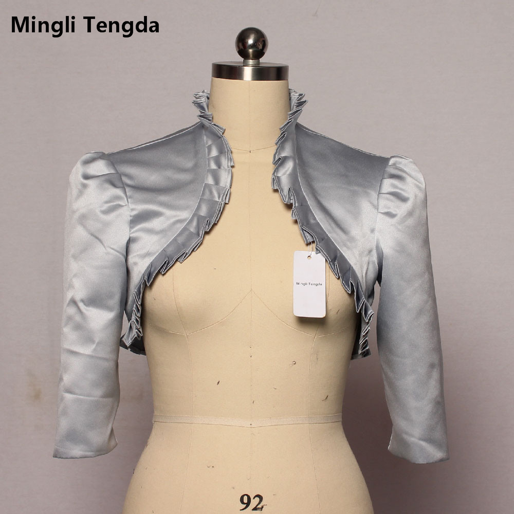 Mingli Tengda Silver Stain Wedding Jacket Bridal Bolero Womem Coat Cape Shrug Stole Ruffled Wrinkles 3/4 Sleeves Real Picture