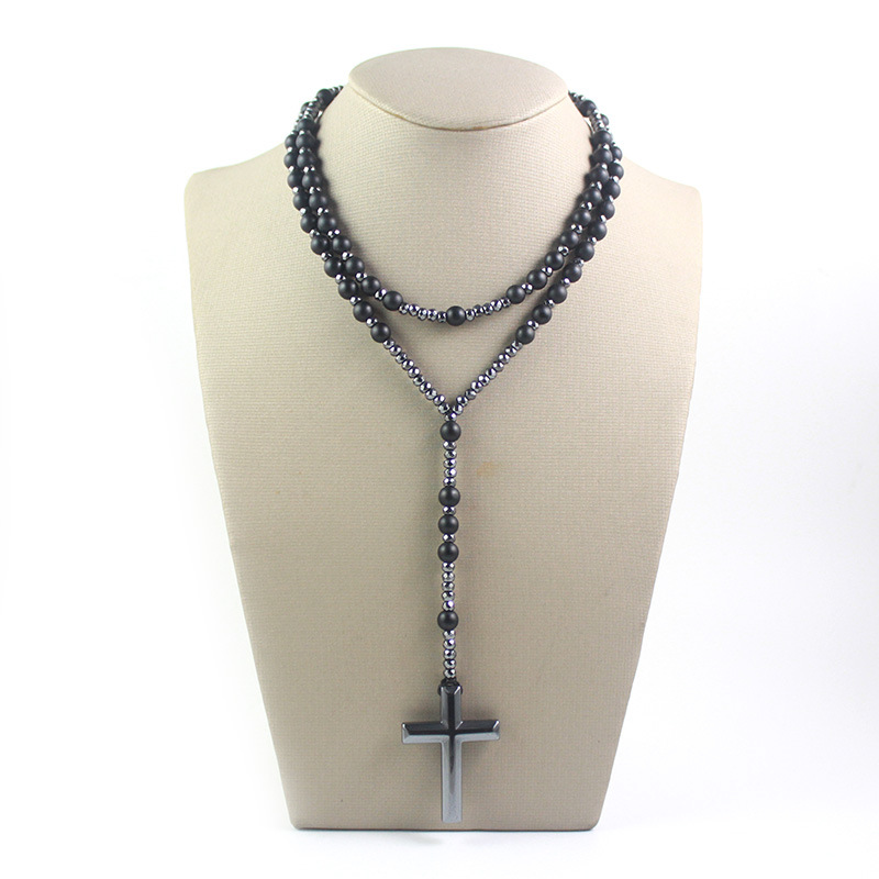 Religious Cross Pendant Necklace Men Hematite Beads Necklace Black Flash Beads Necklace Women Chart Long Chain Necklace QJ-01
