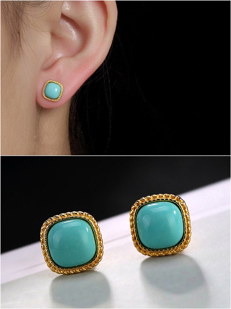 24k Gold Filled Square Turquoise Gemstones Vintage Stud Earrings for Women Classical Jewelry Trendy Accessories Concise Brincos