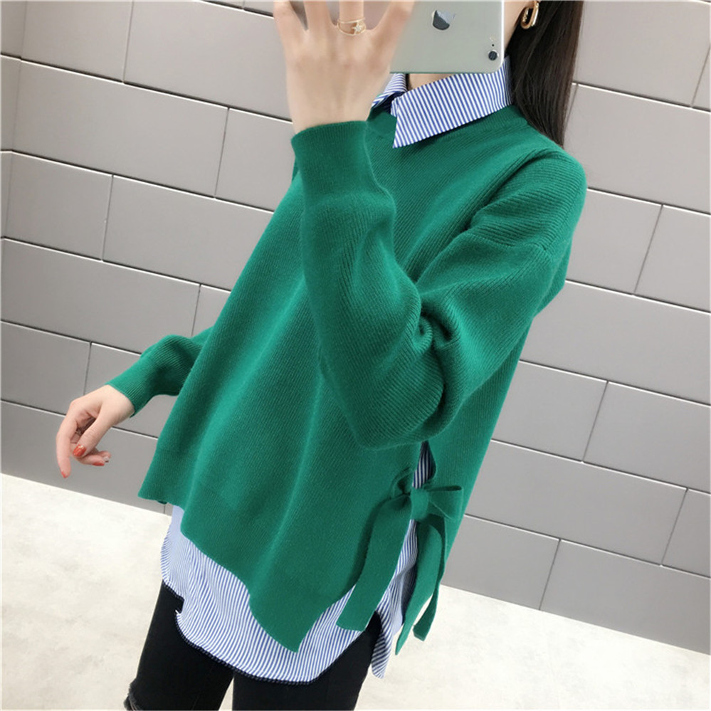 Pullover Women Solid Spring Lace Up Stylish Side-slit Korean Style Leisure Plus Size 3XL Loose Womens Sweaters All-match Tops