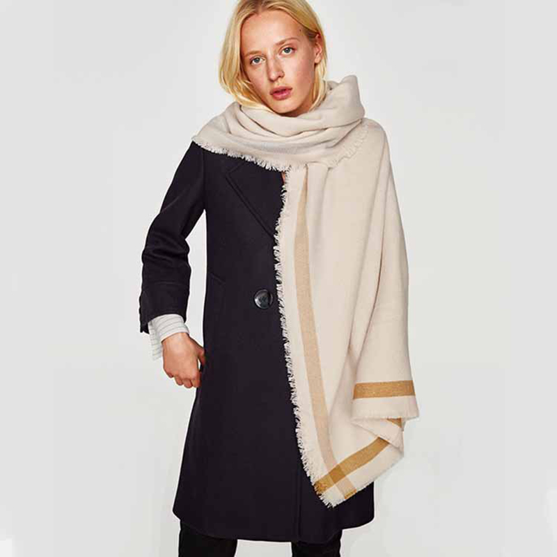 Original Brand Blanket Scarf Women Beige Color Stripe Cashmere Scarves Female Winter Thick Warm Shaw Wraps Bufanda