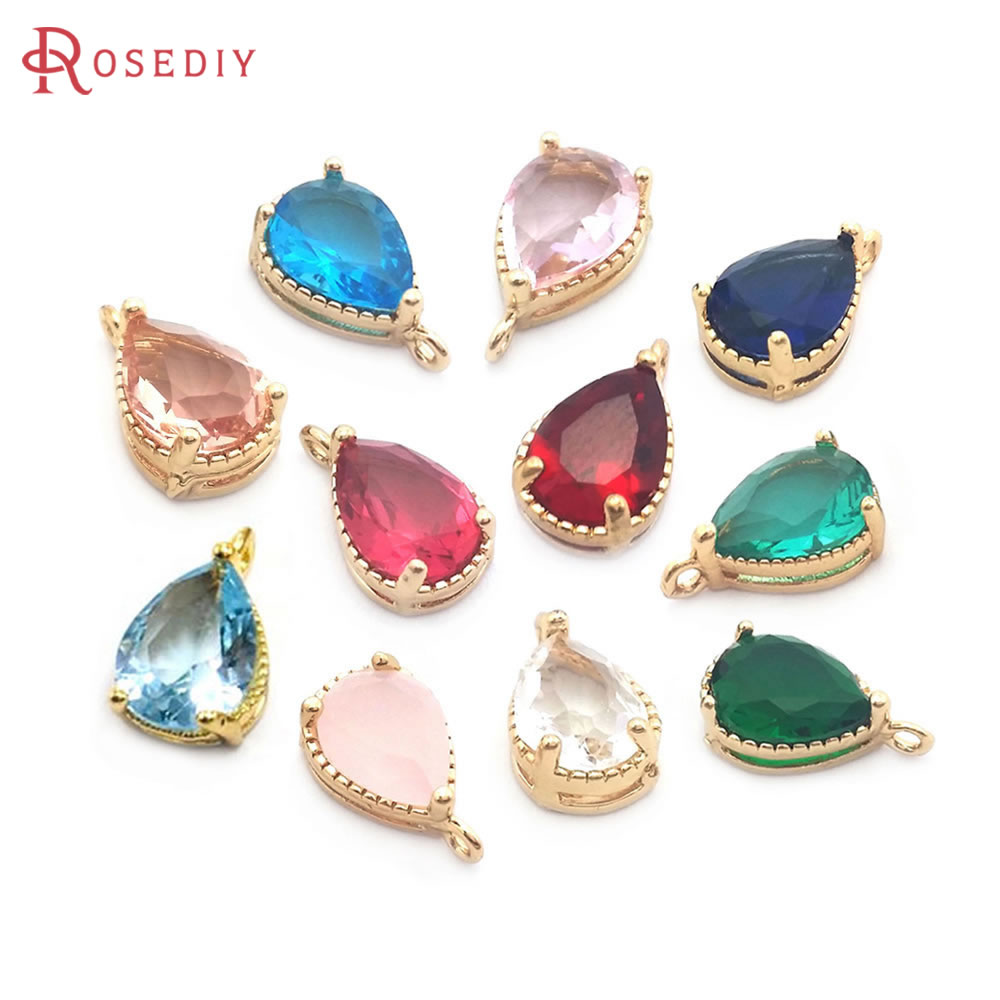10PCS 6x8MM High Quality Champagne Gold Color Brass and Glass Drop Shape Charms Pendants Jewelry Necklace Earrings Accessories
