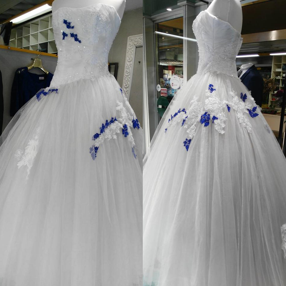 Vintage Drop Waist A-Line Wedding Dresses Strapless Sleeveless Tulle Long Colorful Bridal Gowns Lace Appliques Ivory And Royal Blue Elegant Bride Rece