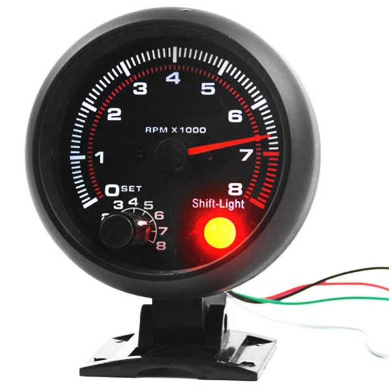 Universal 3.75 inch 12V White LED Backlit Tachometer Gauge with Red Shift Light for Auto Gasoline Car, 0-8000 RPM