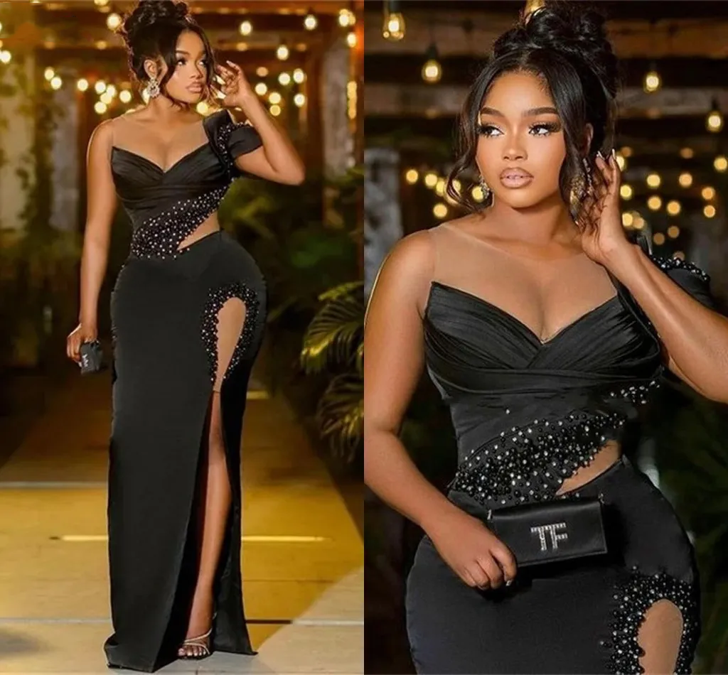 Sexy Black Thigh Split Formal Evening Dresses Sheer Neck Beaded Aso Ebi Long Party Prom Gowns For Women Elegant Satin Plus Size