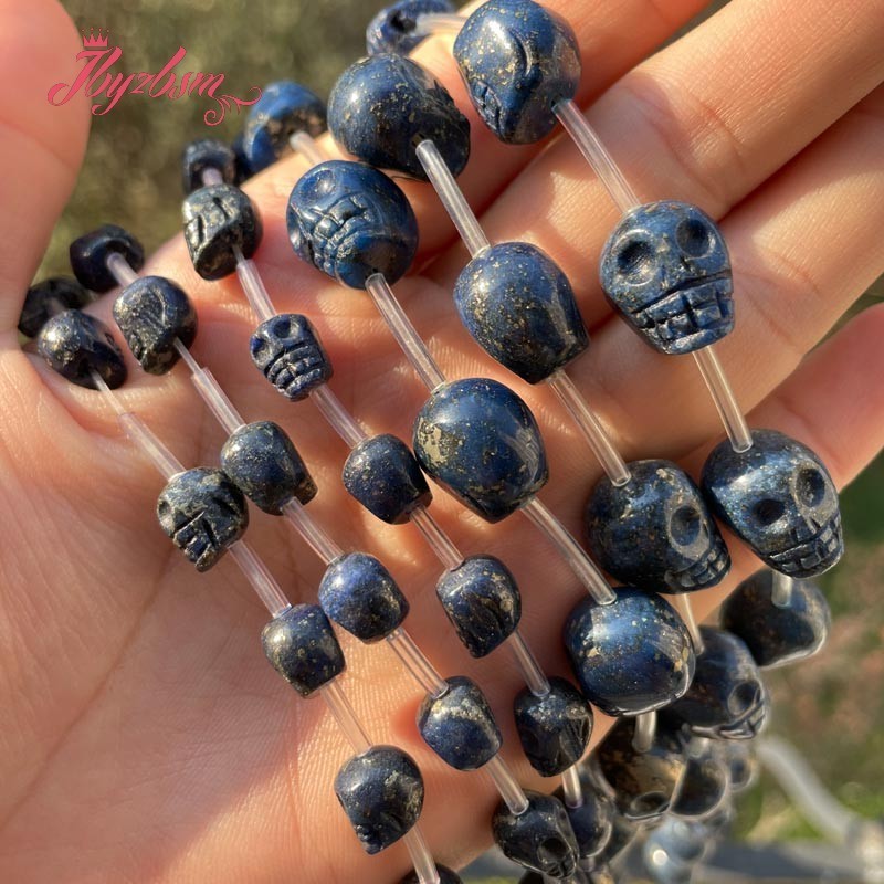 Skull Blue Lazuli Lapis Beads Natural Stone Spacer Loose Beads for Women Men DIY Necklace Bracelet Rings Jewelry Making 15"