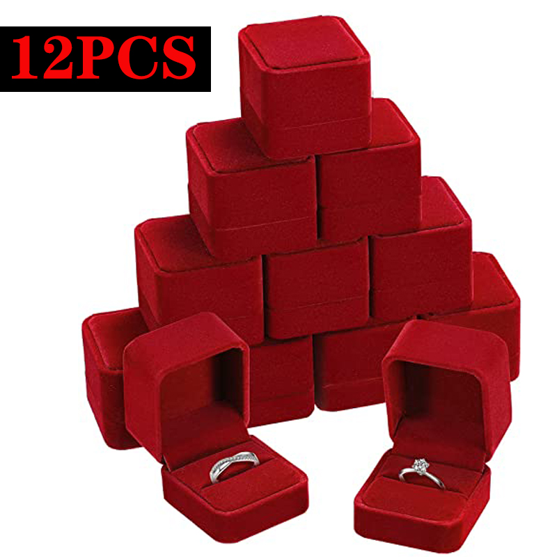 12pcs Red Square Velvet Ring Box Engagement Wedding Jewelry Box Necklace Earring Gift Box Holder for Lover Jewellery Wholesale