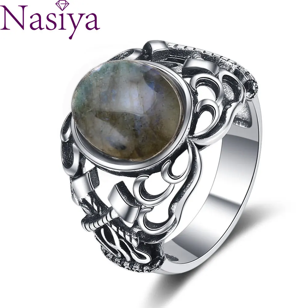 10*12mm Natural Labradorite Moonlight Silver Rings Lapis Lazuli Turquoise Ring Axe Hollow Design Jewelry for Women