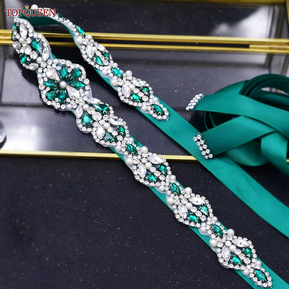 TOPQUEEN S39 Luxury Green Diamond Bridal Belt Emerald Rhinestone Wedding Dresses Accessories Women Bridesmaid Evening Girdles