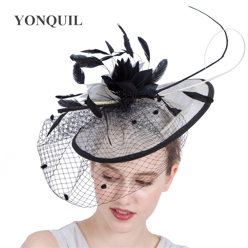 Vintage Feather Flower Fascinators Derby Cocktail Hats Ladies Wedding Headwear Holiday Women Dot Veil Headband Hair Accessories