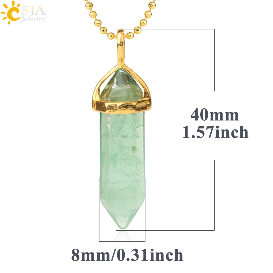 CSJA Natural Stone Green Fluorite Pendants Necklaces Gold-color Hexagonal Prism Two Pointed Crystal Necklace Female Jewelry G461