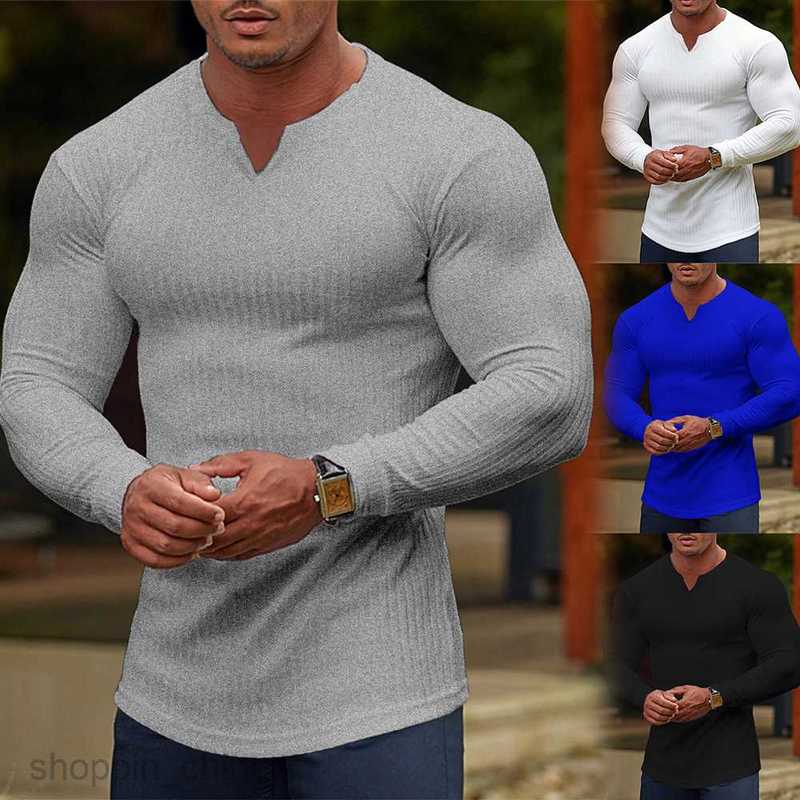 Men's T Shirts Solid striped fitness long sleeved Male basketball running training elastic sports tight fitting T-shirt with a base tees tops