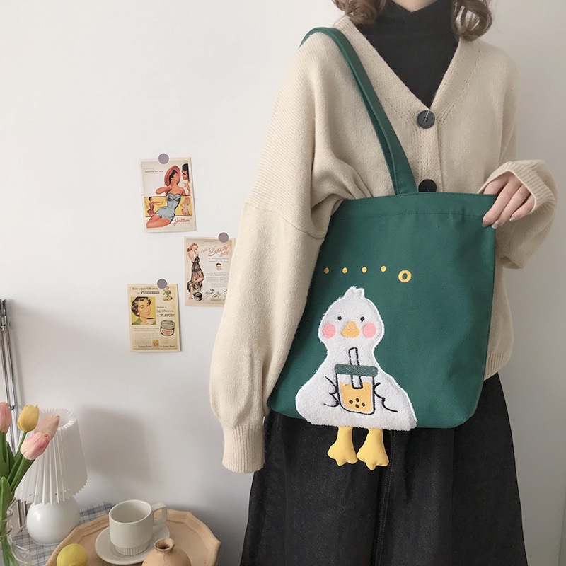 Hylhexyr ins Duck Embroidery Canvas Tote Bag 2020 New Soft Large Shoulder Work Bags Handbag for Women And Girl Shopping Bags
