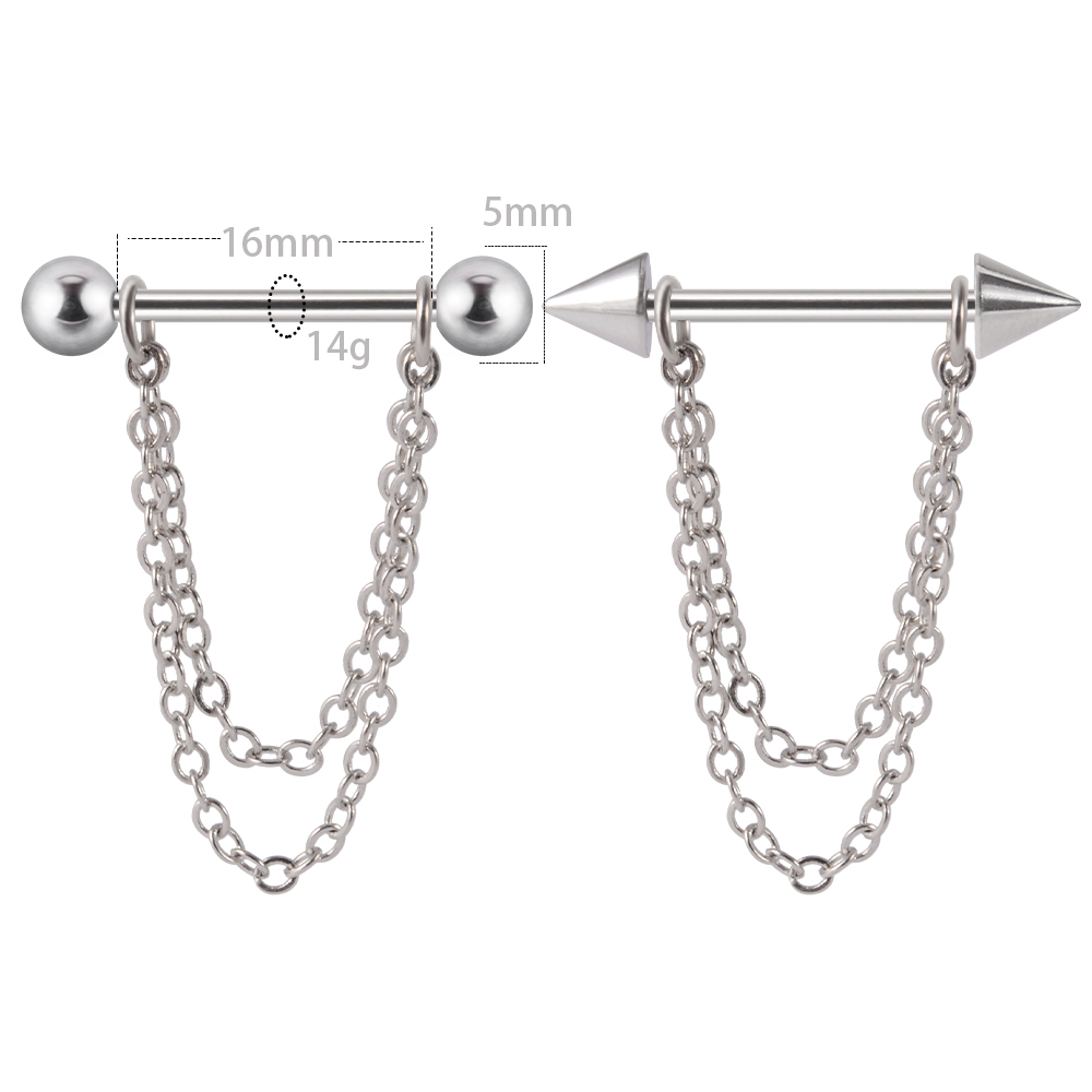 2Pc Surgical Steel Lobster Crab Nipple Barbell Piercing Zen Chain Dangling Nipple Shield Tongue Bar Body Jewelry 14gX6mm
