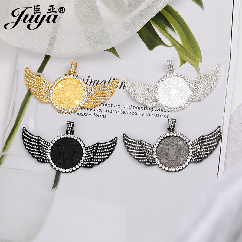 20PCS Circle Angel Wings Pendant Base 30mm Blank Tray Diamond Rhinestone Bezel Charm For DIY Jewelry Making Necklace Accessories