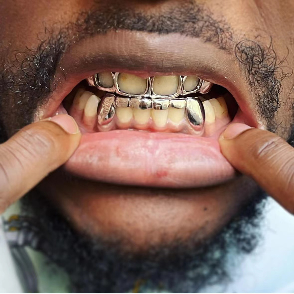 RACHELZ 14K Gold Plated Teeth Grillz Hip Hop Hollow Fangs Tooth Caps Decor Punk Dental Grills For Women Men Jewelry