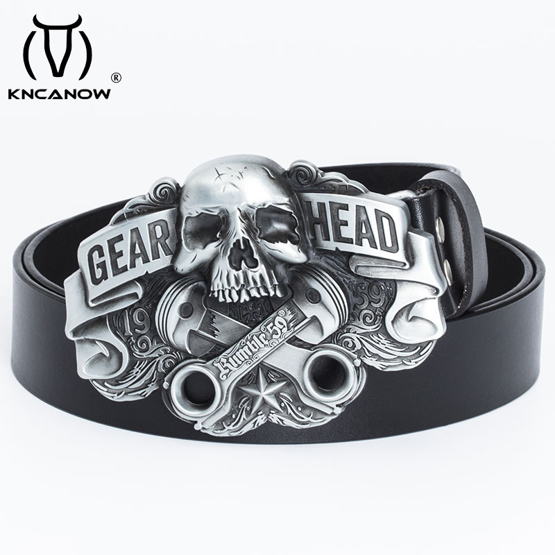 High Quality Leather Belt Men Strap Luxury Skull Gear Head Punk Buckle Fancy Vintage Western Cowboy Jeans Cinto Free Shipping