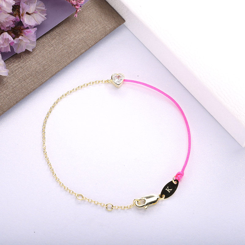 Moonmory 100% 925 Sterling Silver Pink Blue String Heart Crystal Bracelet For Women Half Golden Chain Half Rope Jewelry 0.8mm