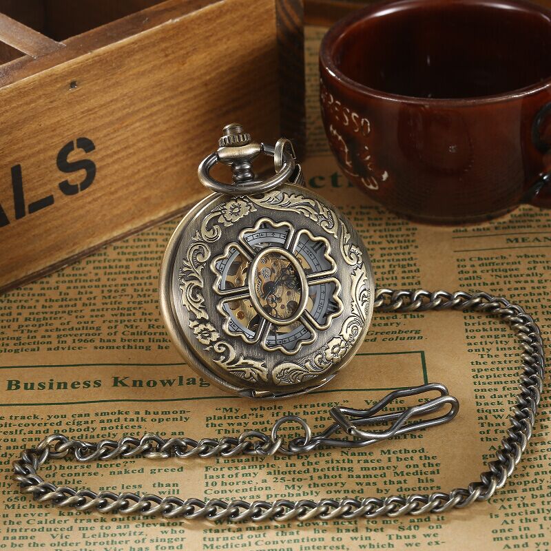 Vintage Steampunk Bronze Mechanical Pocket Watches Men Luxury Flower Carving FOB Chain 2 Sides Case Open Watches Women saat