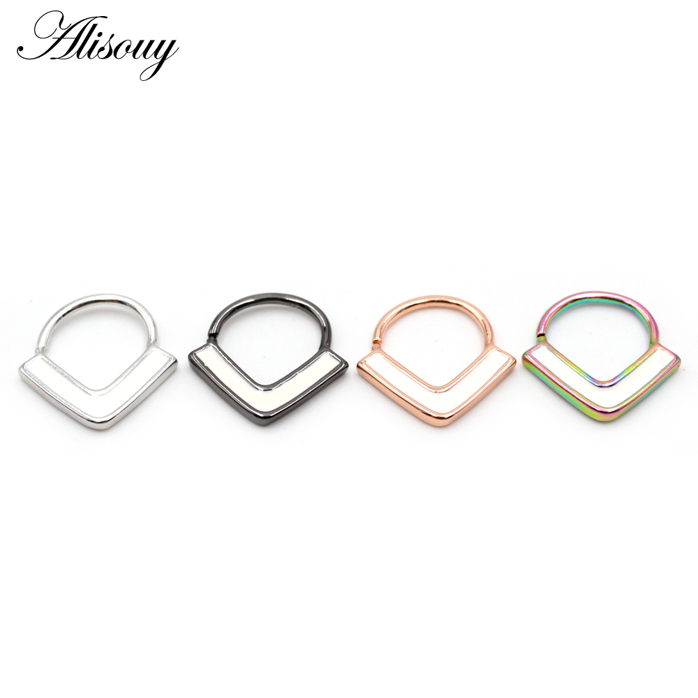 Alisouy 1pc Copper 16G V Pattern Enamel Clicker Nose Septum Ring Segment Daith Helix Hoop Nostril Earring Body Piercing Jewelry