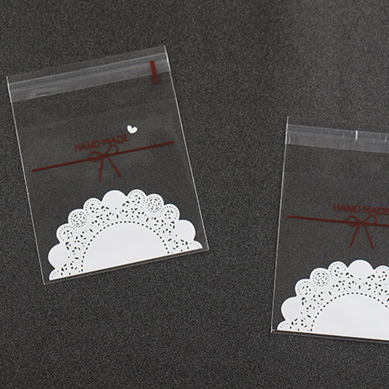 100Pcs/lot 7*7+3cm/10*10+3cm Cute Lace Bow Print Self-adhesive Gifts Bags for Wedding Party Cookie Packaging Biscuits Candy