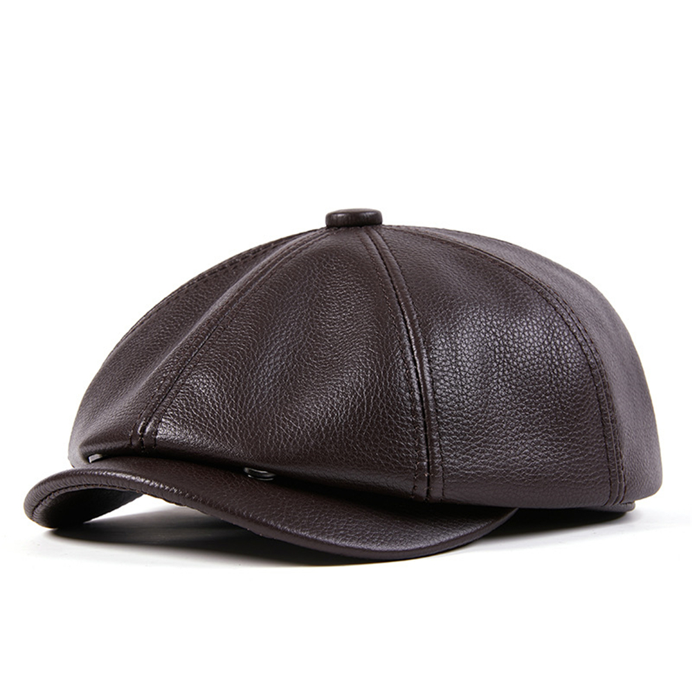 Genuine Leather Newsboy Cap Men High Quality Octagonal Hat Autumn Winter Beret Real Cowskin Flat Cap