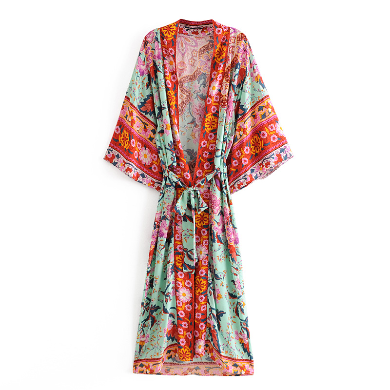 Happie Queens Women Green Peacock Print Bat Sleeve Beach Bohemian Kimono Robe Ladies V Neck Boho Bikini Cover-ups