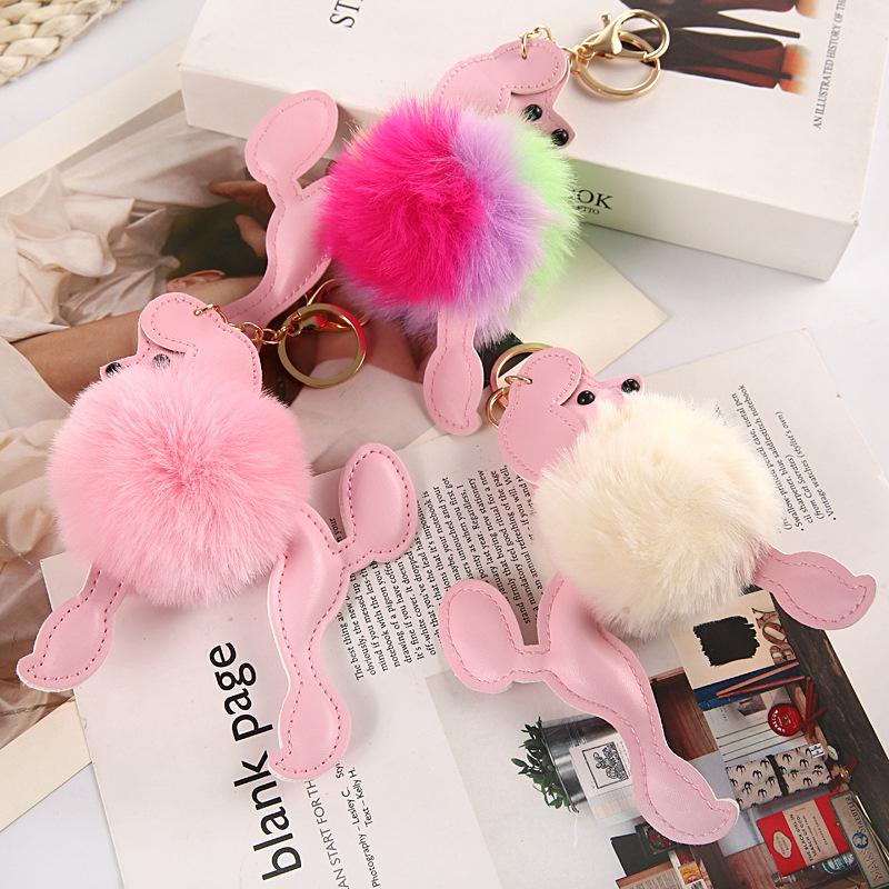 Lovely Poodle Faux Fur Ball Keychain Cute PU Leather Fluffy Animal Dog Keyring Women Bag Pendant Charm Plush Puppy Trinket Gifts