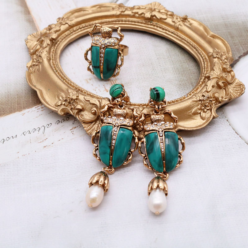 Marble Green Stones Insect Earrings Vintage Pendientes Personality New Retro Crystal Rhinestone Accessories