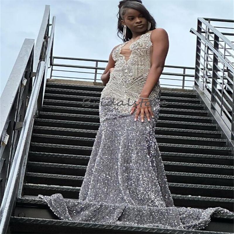Gray Sequin Diamond Prom Dresses For Black Women Glitter Plus Size Mermaid Evening Gowns Sweep Train Birthday Fifteen Formal Occasion Dress Nigeria Af