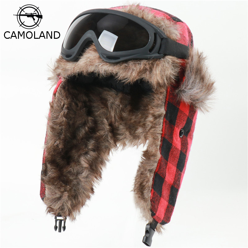 CAMOLAND Plaid Design Winter Bomber Hats Women Men Thermal Faux Berber Fleece Earflap Cap Russian Ushanka Hat With Goggles