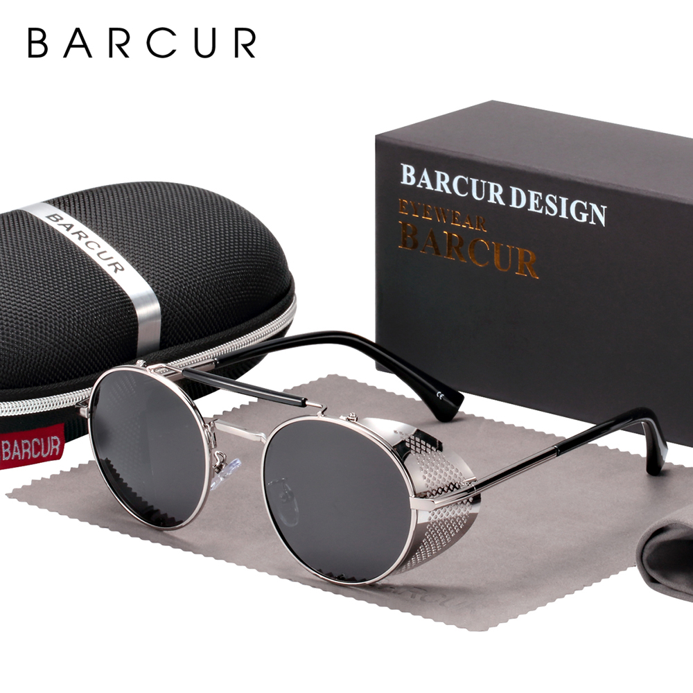 BARCUR Vintage Retro Round Polarized Steampunk Sunglasses Men Sun Glasses For Women Style UV400 Protection