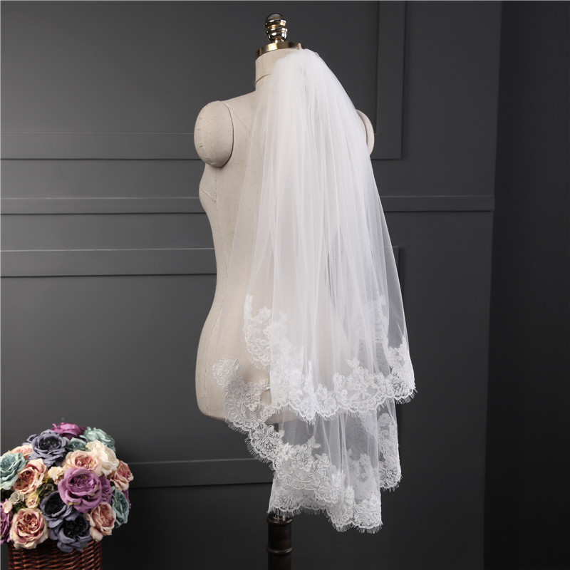 Hot Sale Two Layer Short Wedding Velo White Ivory Tulle Bride Veil Lace Edge Cheap Voile Mariage Wedding Accessories In Stock