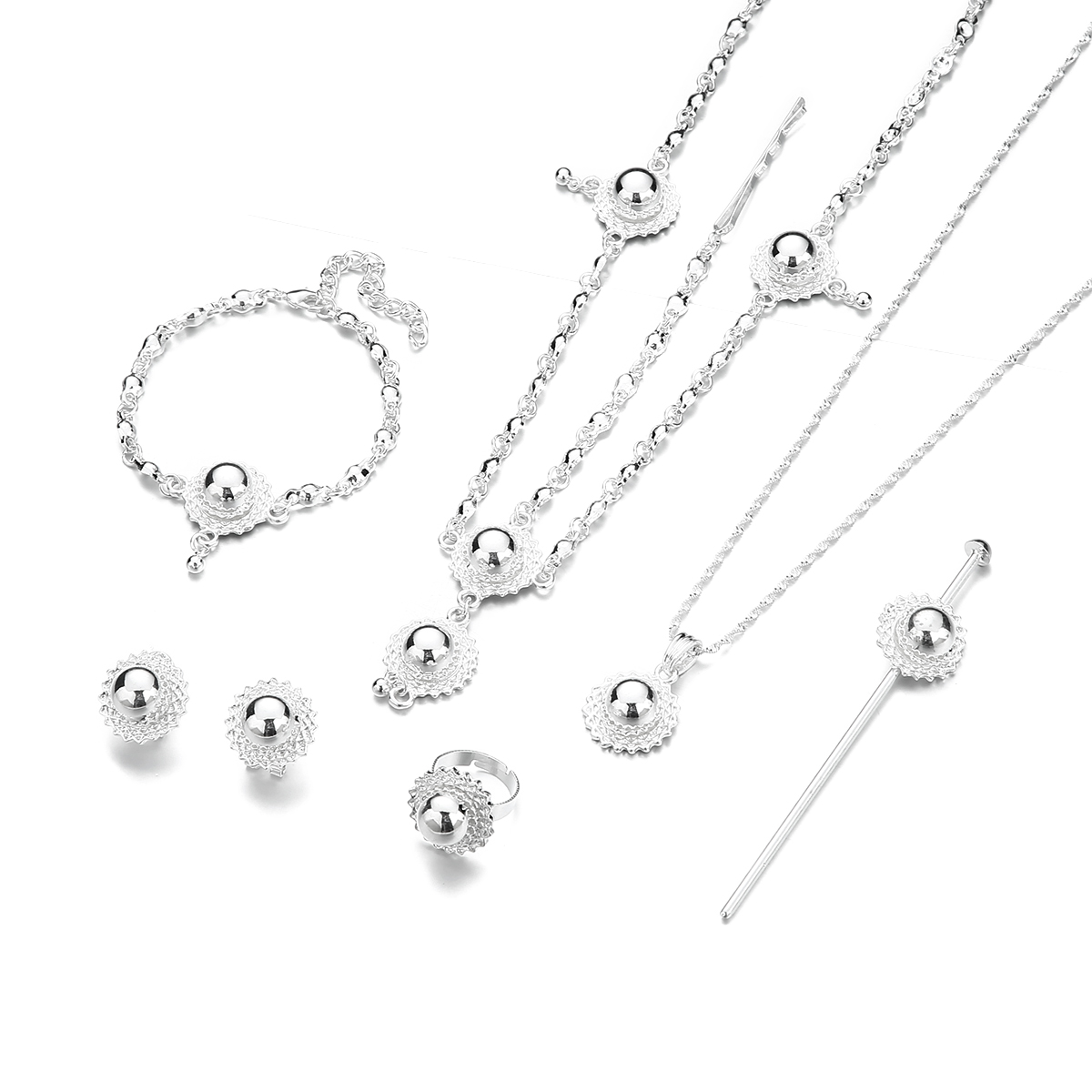 African Ethiopian Ethnic Habesha Africa Bridal Jewels For Silver Plated 6pcs Necklaces Ring Bracelet Women Jewelry Sets