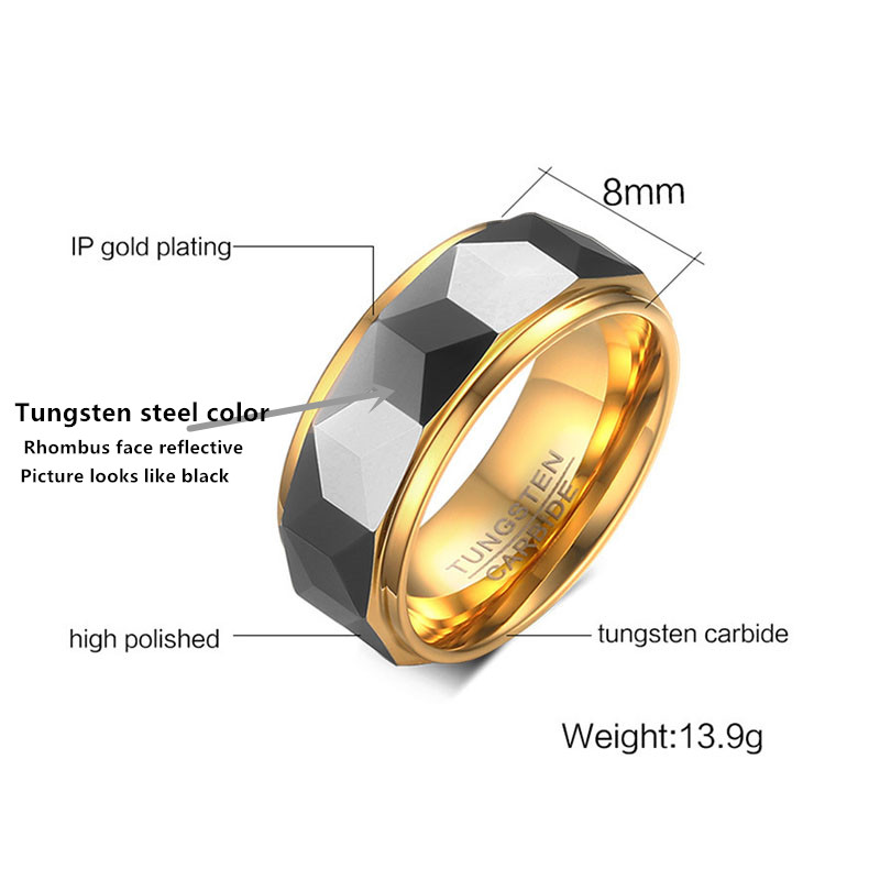 Wholesale Body Jewelry Steel Gold Color Contrast 8mm Rhombus Tungsten Carbide Men Wedding Ring
